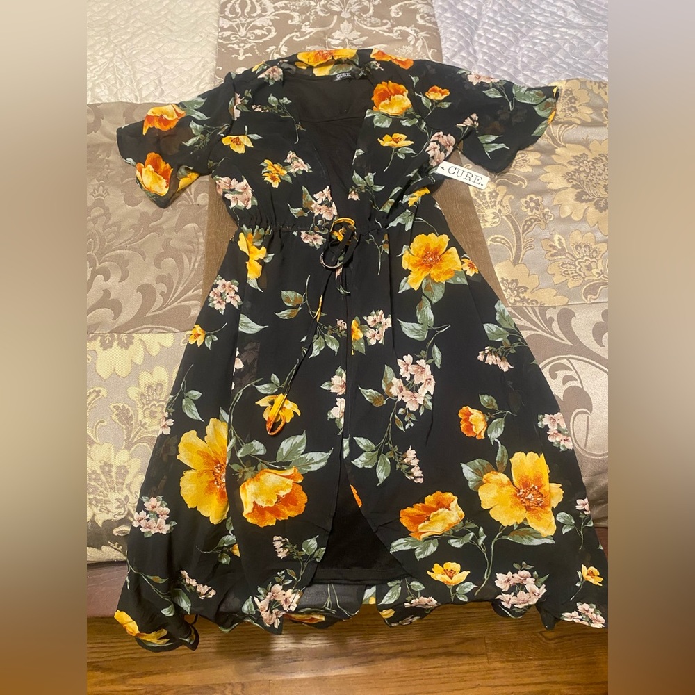 Floral Wrap Dress with Yellow Bloom Print - CURE